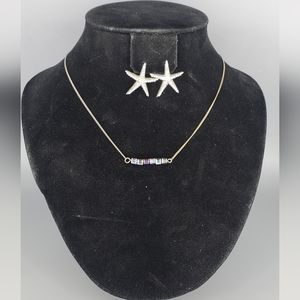 Silvertone Starfish Earrings and Deep Blue Silvetone Necklace Set